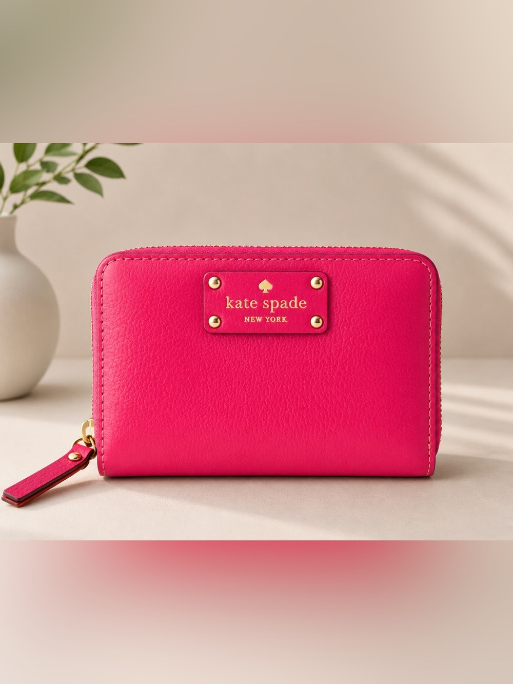 kate spade Hot Pink Leather Cosmetic Pouch with Gold Plaque